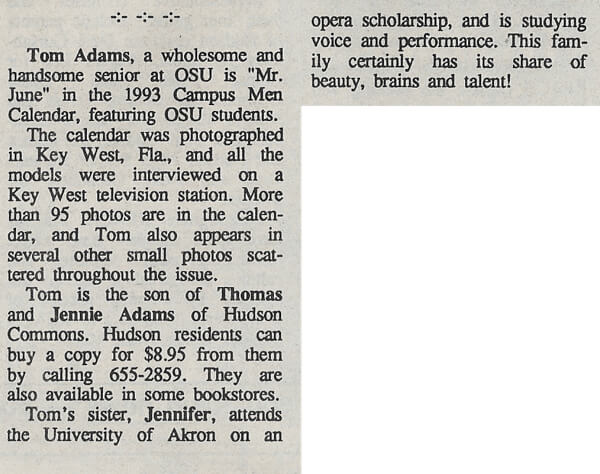 Hudson Ohio Student in Male Calendar